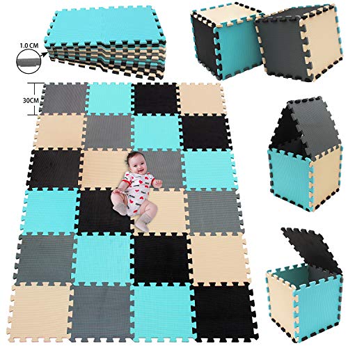 MSHEN 24 Foglio Tappeto Puzzle con Certificato CE e Certificazione in Soffice Schiuma Eva | Tappeto da Gioco per Bambini | Tappetino Puzzle...dimensione1.94 mq,nero-turchese-beige-grigio-04081012g24