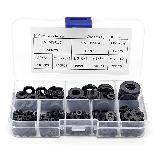 Yuhtech 500 pezzi kit assortimento rondella piatta in nylon nero M2 M2.5 M3 M4 M5 M6 M8 M10 Distanziatore circolare isolante