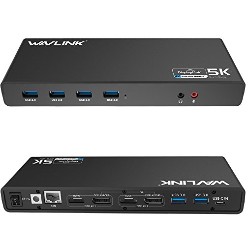 WAVLINK USB 3.0 / USB C Ultra 5K Universal Docking Station supporta Dual 4K uscite video per laptop, PC o Mac (DisplayPort e HDMI, Gigabit Ethernet, uscita audio e Mic, 6 porte USB 3.0)