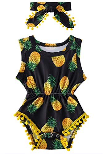 Toddler Girls Body Yellow Pineapple Body Girocollo Pagliaccetto con Nappa Street Outfit Set con Fascia Senza Maniche Tuta per Neonato 3-6 Mese