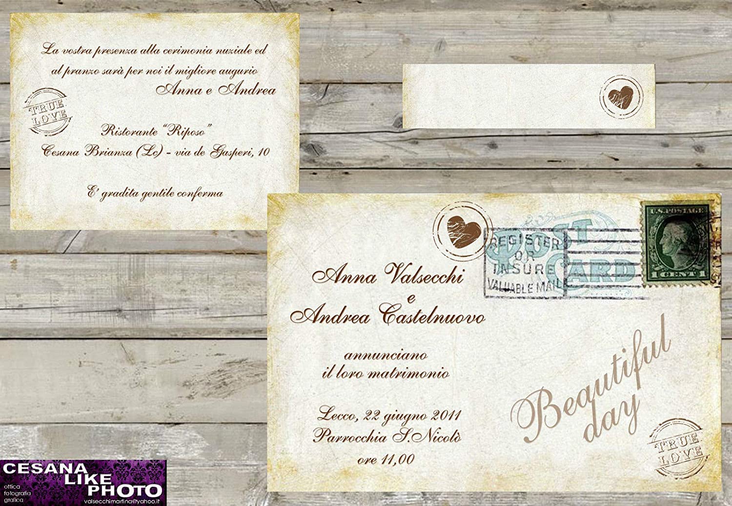 Partecipazioni matrimonio personalizzate - inviti nozze cartolina vintage con francobollo 10 pezzi