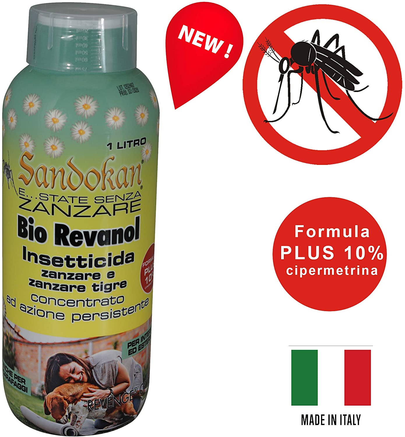 Sandokan Insetticida Concentrato Abbattente Bio Revanol formula PLUS 10% 1L adatto contro zanzare e insetti volanti e striscianti Azione immediata per giardini prati e siepi