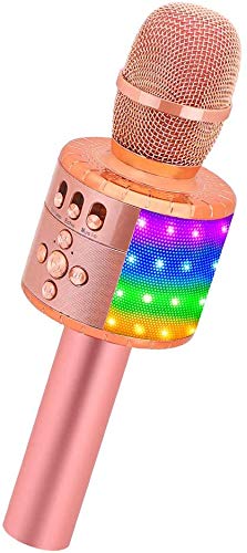 BONAOK Microfono Bambini Senza Fili, Bluetooth Microfono Karaoke Wireless con luci a LED controllabili, Portatile Macchina da Karaoke per Android/iPhone/iPad/Sony/PC Smartphone(oro rosa plus)