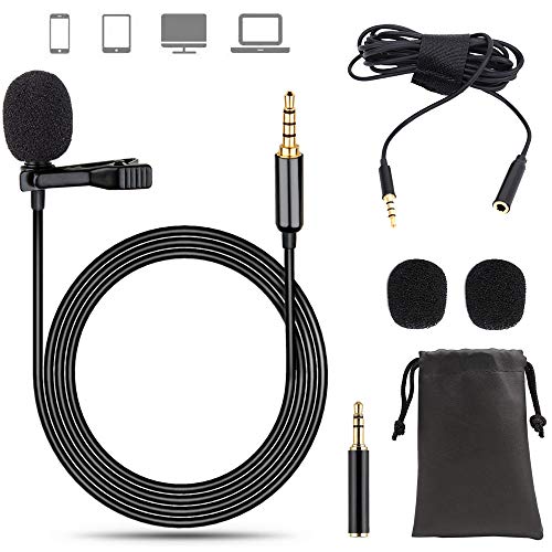 EasyULT 3.5mm Microfono Lavalier, Microfono Condensatore Omnidirezionale con Adattatore e Cavo di Prolunga, con Clip, per Smartphone, Phone/Registrazione di Interviste/Conferenza Video/Podcast