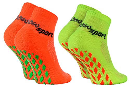 Rainbow Socks - Ragazza Ragazzo Neon Calze Sportive Antiscivolo - 2 paia - Arancione Verde - Taglia 24-29