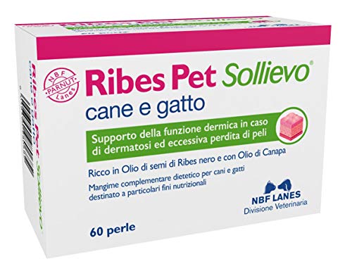 NBF Lanes Ribes Pet Sollievo 60 Perle ; per Dermatite ed Eccessiva Perdita di Pelo, Integratore Alimentare per Cani e Gatti. Supporto della Funzione Dermica + Vitamina D. [ Nuovo Prodotto