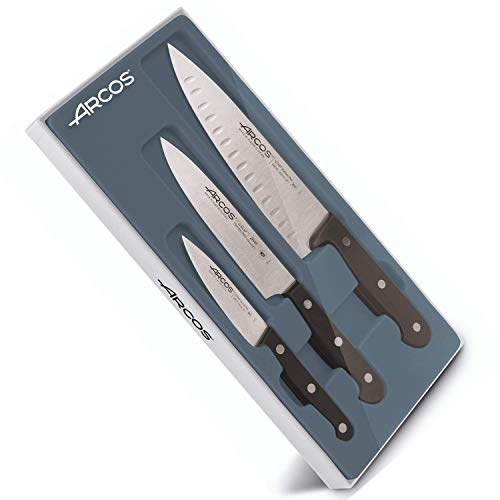 Arcos Serie Universal, Set Coltelli da Cucina 3 pezzi (3 Coltelli da Chef), Lama Acciaio Inossidabile NITRUM, Manico Polioxymetilene (POM), Colore Nero