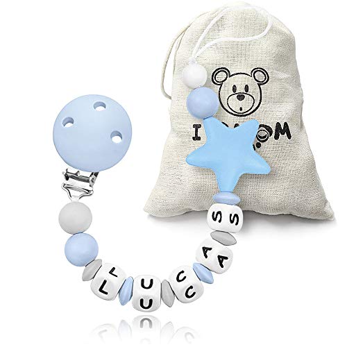 I LOVE MOM - Catenella Portaciuccio con nome,Stella Personalizzazione Catenelle porta Succhietto,Neonato Silicone Dentizione Porta Massaggiagengive (BLU)