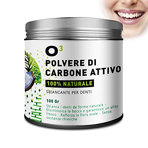 O³ Carbone Attivo Denti Sbiancante- Polvere Sbiancanti Denti - Carbone Vegetale Naturale - Cocco | PRODOTTO PIÙ GRANDE: 100GR di Polvere di Carbone - Regalo: Filo Interdentale