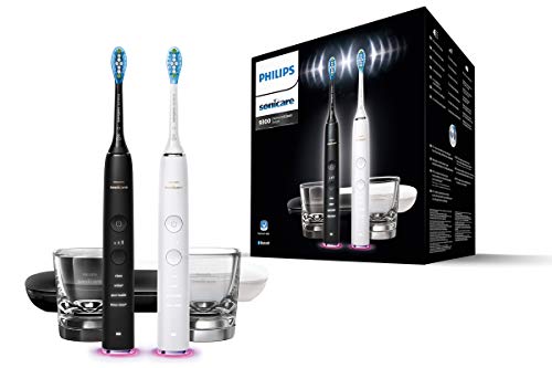 Philips Sonicare DiamondClean Smart HX9912/18 - Spazzolino elettrico, confezione doppia, 2 spazzolini a ultrasuoni, vetro di ricarica, custodia da viaggio, controllo della pressione, nero/bianco