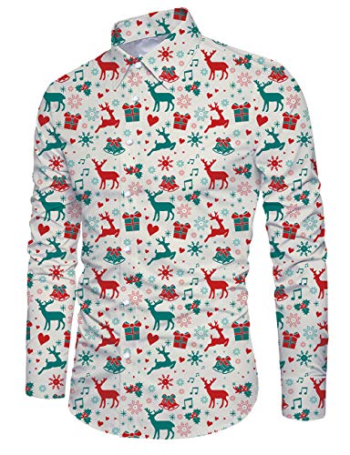 Idgreatim Camicie Natalizie da Uomo Elk Stampato Manica Lunga abbottonatura Camicette da Uomo Vintage Anni '60 Natale