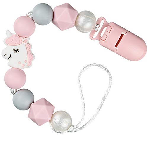 PREMYO Catenella Portaciuccio Bimba Unicorno – Perle di Silicone Dentizione con Clip – Universale senza Nome Rosa