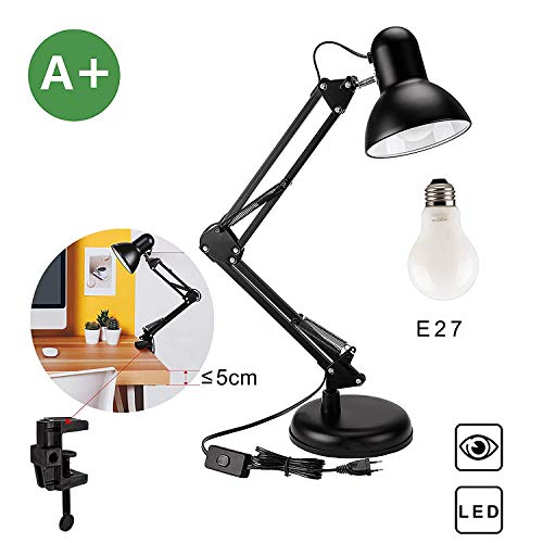 Lampada da scrivania, lampada da tavolo Aglaia con base intercambiabile o morsetto, braccio in metallo leggero, snodabile e regolabile, compatibile con lampadine LED E27