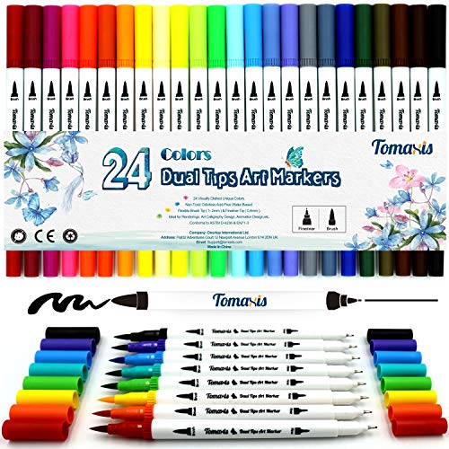 24 pennarelli con doppia punta, con punta fine da 0,4 mm e punta brush, per journal, colorare e disegnare