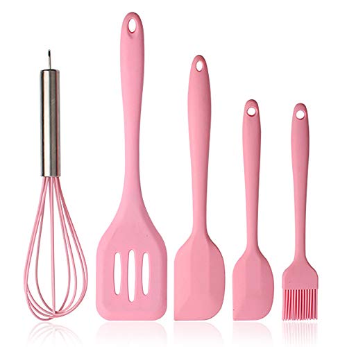 BINHAI Set di utensili da cucina da cucina in silicone rosa spatola - Spatole Pennelli da imbastitura Pennello per olio da pasticceria Frullino per le uova Turnitore scanalato - Resistente calore per