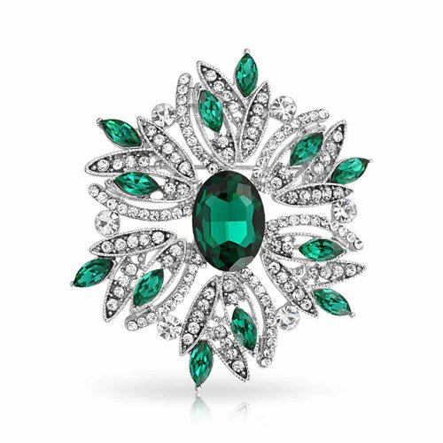 Bling Jewelry Large Statement Vintage Style Crystal Flower Green White Brooch Pin for Women for Mother Silver Plated