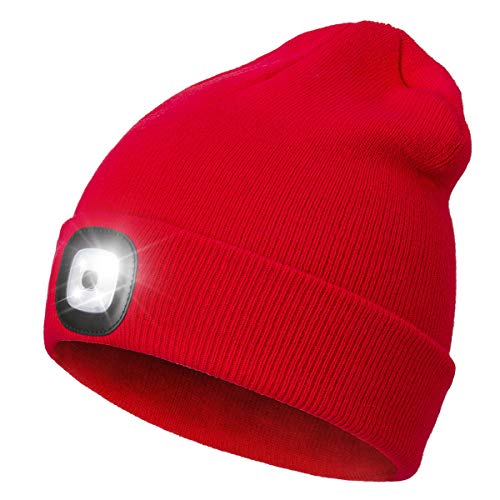 Wmcaps Cappello Unisex Illuminato Berretto 4 LED, Cappello con Luce LED Cappello Uomo Donna Invernali Berretto a 3 Livelli di luminosit LED,Rimovibile Lavabile Beanie cap (Rosso)