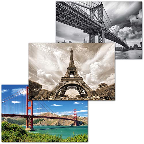 GREAT ART Set di 3 Poster XXL - Monumenti in Acciaio - Design Industriale Torre Eiffel Manhattan Bridge New York Golden Gate Decorazione d’Interni Murale cadauno 140 x 100