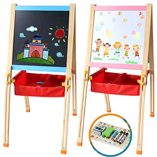 Lavagna Bianca Magnetica per Bambini -2 in 1 Cavalletto in Legno Doppia Faccia Multiattività Altezza Regolabile con Accessori Strumenti di Disegno Giochi Educativi Bambina Bambini 3 4 5 6 7 Anni