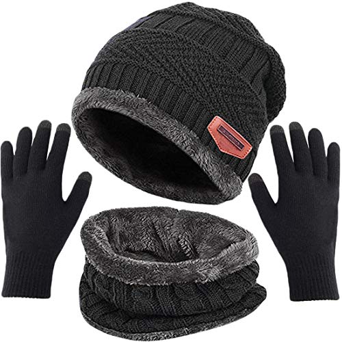 Twilker 3pcs Beanie Bambino Cappello Inverno Bambino Sciarpa Inverno e Guanti Set (Nero)