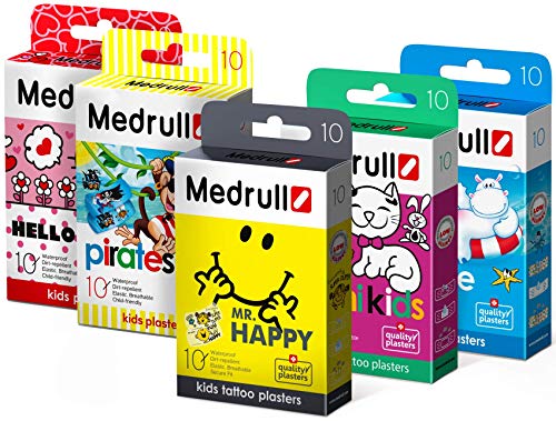 Medrull Cerotti per Bambini Resistenti Acqua 5 Pacchi da 10 Pezzi Mr HAPPY Hello KITTY Pirati MIMI Kids Marino