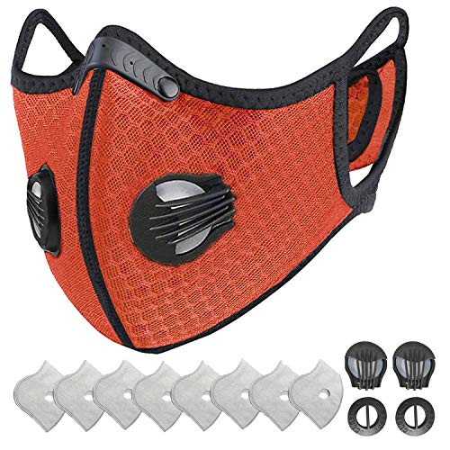 HONYAO Reusable Dust Face M Earloop Dust M, Sports Protective M with Activated Carbon Filter and Valves/for Motorcycle Cycling Running Outdoor Activities（1 Orange + 8 Additional Filters）