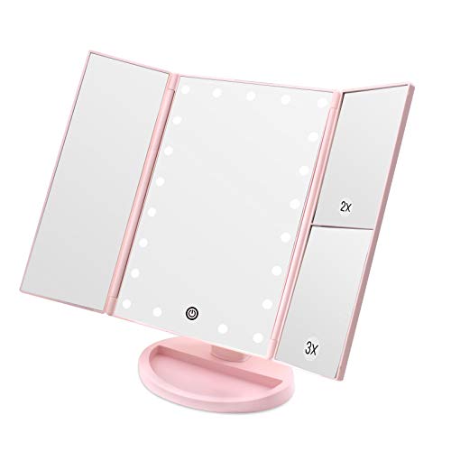 WEILY Specchio Trucco con ingrandimento 2X/ 3X, 21 luci a LED, Doppia Alimentazione, luminosità e Angolo Regolabili (Rosa)
