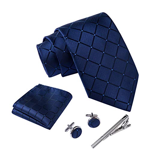 Massi Morino ® Cravatta uomo + Gemelli + Fazzoletto (Set cravatta uomo) regalo uomo con confezione regalo (Blu Scuro Quadrato)