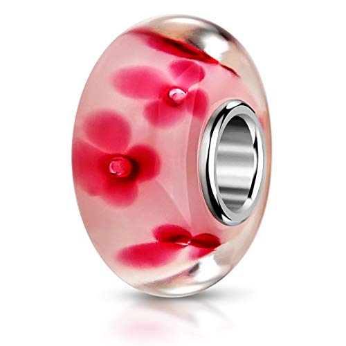 Materia - Perlina in vetro di Murano con fiori, argento 925, colore: bianco e rosa, per braccialetto European Beads #949