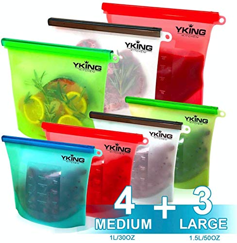 7 pack Reusable Silicone Food Bag 3x (1,5 L) & 4x (1 L)- Silicone Food Storage Bag-Silicone Bags Reusable for Sous Vide-Sandwich-Freezer-Silicon Bag Reusable- Silicone Storage Bags (4x3)