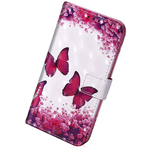 Herbests Cover compatibile con LG Stylo 5 Custodia Flip Case con Supporto Cover Belle Colorate 3D Disegno Copertura con Carte Slots Chiusura Magnetica Wallet Case, Farfalla Rosa Rosso