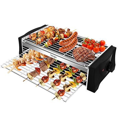 HengBO Griglia Elettrica BBQ Senza Fumo, Barbecue da Tavolo Piastra Grill Elettrico Doppio Strato con Vassoio Raccogli Olio per Party Riunione di Famiglia in Balcone e Giardino - 2000W