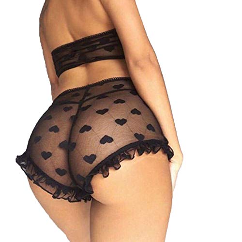 Frecoccialo 2 PC Pigiama Nero Lingerie da Donna in Pizzo Babydoll Biancheria Intima di Pizzo Stampa Cuore Indumenti da Notte Sexy String Set Abito da Notte Nuovo (Nero, XL)