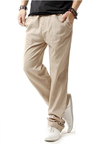 HOEREV Pantaloni Casual da Uomo in Lino,Beige,XXX-Large