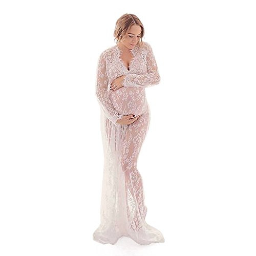 Cikuso Puntelli di fotografia di maternita' Maxi abito di maternita' con scollo a V abiti in pizzo abito di gravidanza Fancy Shooting foto vestiti in gravidanza (Bianco, M)