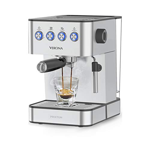 PRIXTON - Macchina da caffè/Macchinetta caffe Automatica, 20 Bar, Potenza 850W, portafiltro per Doppia Uscita per 2 caffè e vaporizzatore Integrato per Riscaldare e Schiuma, Acciaio Inox | Verona