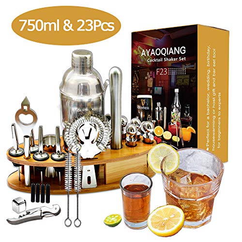 AYAOQIANG Set Cocktail 23 Pezzi, Shaker Cocktail Kit da Barman Professionale in Acciaio Inox, 750ml Shaker, Cocktail Set con di Legno Supporto, per Casa E Bar