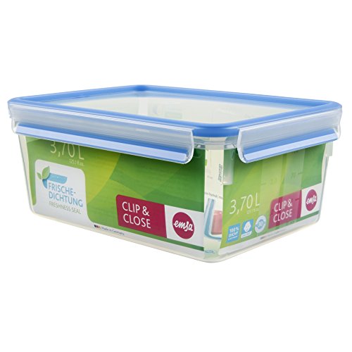 Emsa 508546 rettangolare contenitore di alimento con coperchio, 3.7 litri, trasparente / blu, Clip & Chiudi