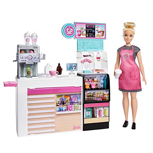 Barbie- Playset La Caffetteria, con Bambola Curvy Bionda, Macchina per Caffè, Bancone e Oltre 20 Accessori, Giocattolo per Bambini 3+Anni, GMW03