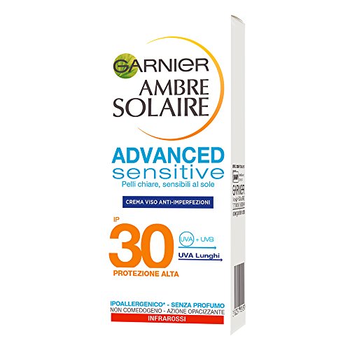 Garnier Ambre Solaire Crema Solare Viso Anti-Imperfezioni e Anti-Lucidità Advanced Sensitive, Protezione Solare Alta IP30, 50 ml