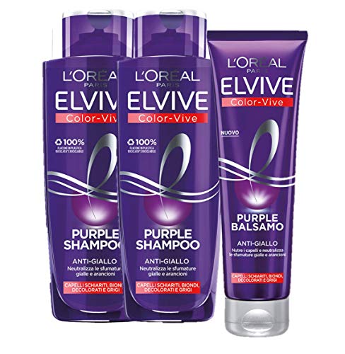 L'Oréal Paris Shampoo + Balsamo Biondo, Kit con Shampoo e Balsamo Anti-Giallo Elvive Color Vive Purple, Confezione da 3