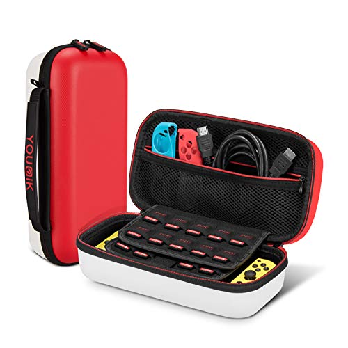 Custodia per Nintendo Switch – Younik Case Rigido da Viaggio Versione Aggiornata con più Spazio per 19 Cartucce, Pellicola Protettiva - Rosso & Bianco