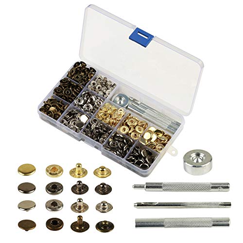 KAKOO 160 Set di Bottoni a Pressione durevoli Bottoni Automatici in Metallo Kit di Bottoni a Pressione con Base e attrezzo di Fissaggio per Camici Zaini Cinture in Pelle - 12,5 mm di Diametro