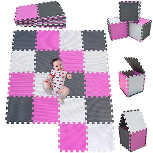 MSHEN Tappeto Puzzle con Certificato CE e Certificazione in Soffice Schiuma Eva | Tappeto da Gioco per Bambini | Tappetino Puzzle...dimensione1.62 mq,bianco-rosa-grigio-010312g18