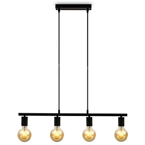 B.K.Licht Lampadario vintage nero, adatto per 4 lampadine E27 non incluse, altezza 120cm, larghezza 75cm Lampada a sospensione per salotto o sala da pranzo, Lampada da soffitto industriale, IP20