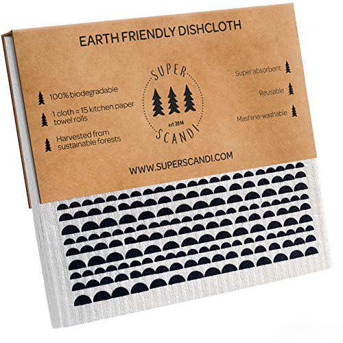 SUPERSCANDI - Strofinacci svedesi ecologici, riutilizzabili, sostenibili, in cellulosa biodegradabile, panni per la pulizia della cucina, stoviglie, Moon Black, 5 Pack Printed