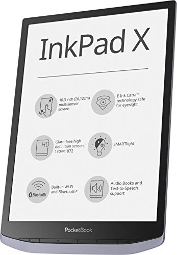 PocketBook - Lettore e-Book 'InkPad X' (32 GB di memoria, 26,12 cm (10,3 pollici) E-Ink Carta, SMARTlight), colore: Grigio metallizzato
