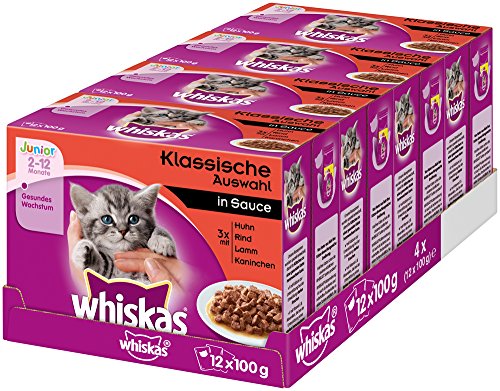 Whiskas - Confezione Multipla di Cibo per Gatti Giovani, 48 porzioni (4 x 12 x 100 g)