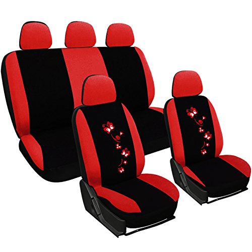 WOLTU AS7250 Set Completo di Coprisedili per Auto Macchina Seat Cover Universali Protezione per Sedile di Poliestere con Ricamo Farfalle Nero+Rosso