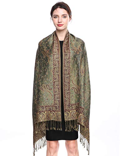 EASE LEAP Sciarpa Pashmina per donna scialle avvolgente caldo di lusso con sensazione di seta Hijab Paisley in colori ricchi con frange 200 * 70cm/(11-Verde militare)